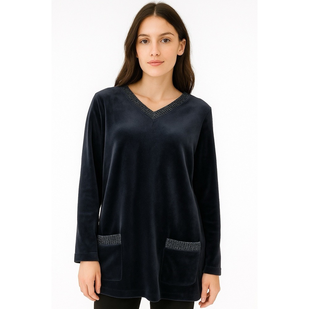 Women Sweater Black V-Neck Velvet Pockets Cozy Warm Medium‎ Metalic